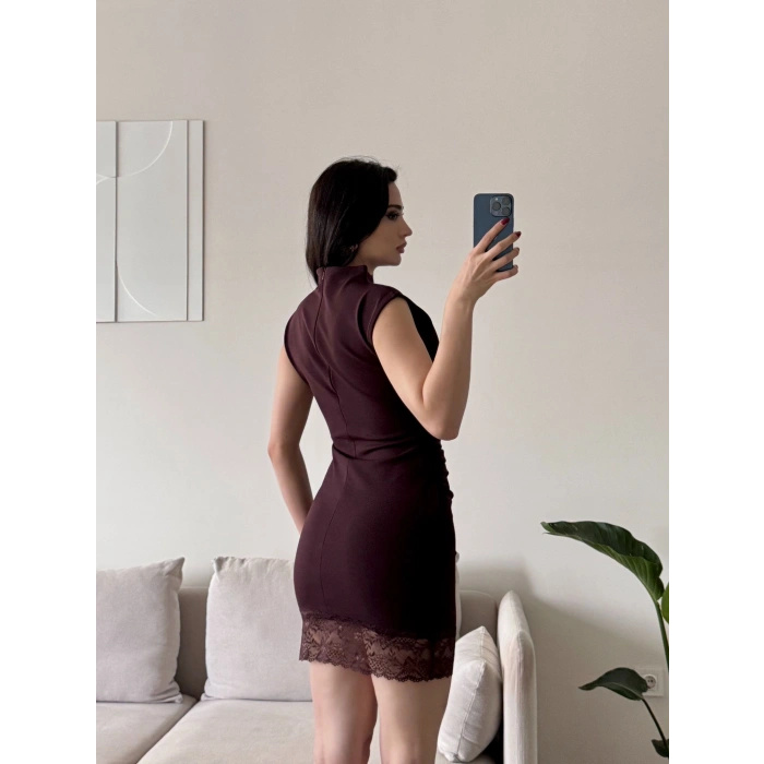 Dantel Detaylı Sırt Fermuar Mini Elbise - KAHVE