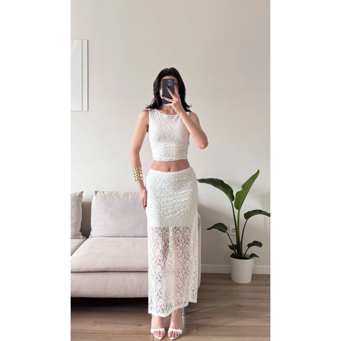Dantel Crop Üst Transparan Uzun Etek Takım - BEYAZ