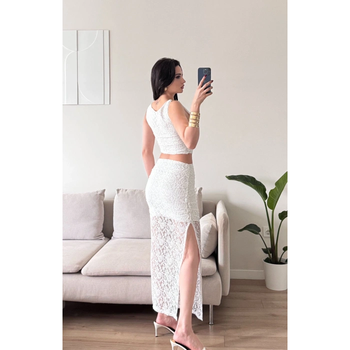 Dantel Crop Üst Transparan Uzun Etek Takım - BEYAZ