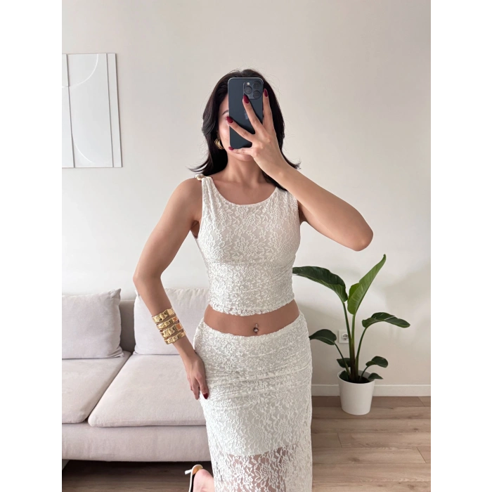 Dantel Crop Üst Transparan Uzun Etek Takım - BEYAZ