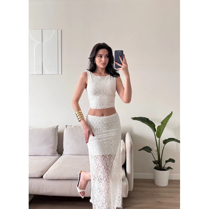 Dantel Crop Üst Transparan Uzun Etek Takım - BEYAZ