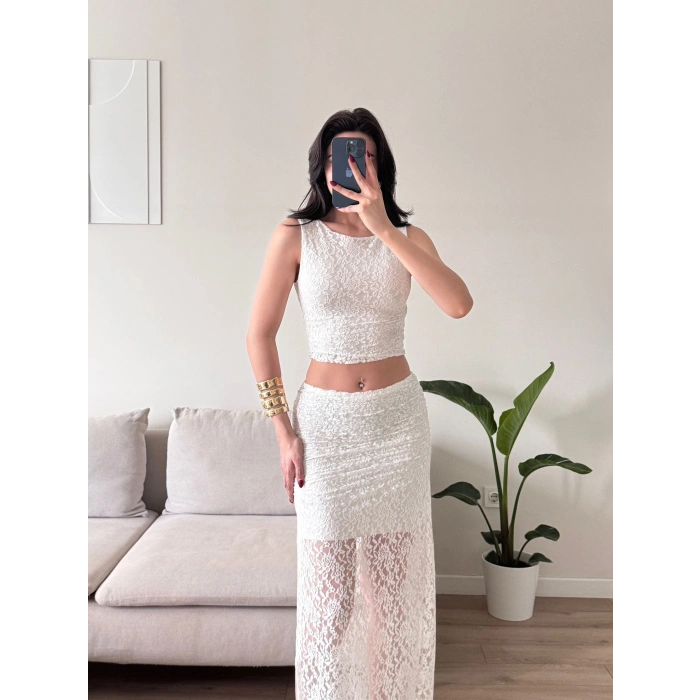 Dantel Crop Üst Transparan Uzun Etek Takım - BEYAZ
