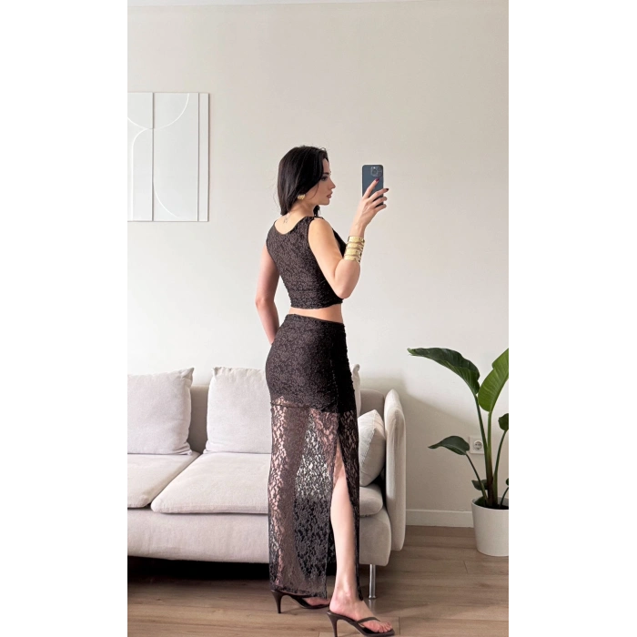 Dantel Crop Üst Transparan Uzun Etek Takım - KAHVE