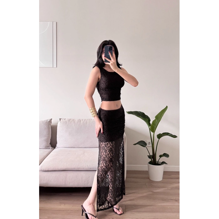 Dantel Crop Üst Transparan Uzun Etek Takım - KAHVE