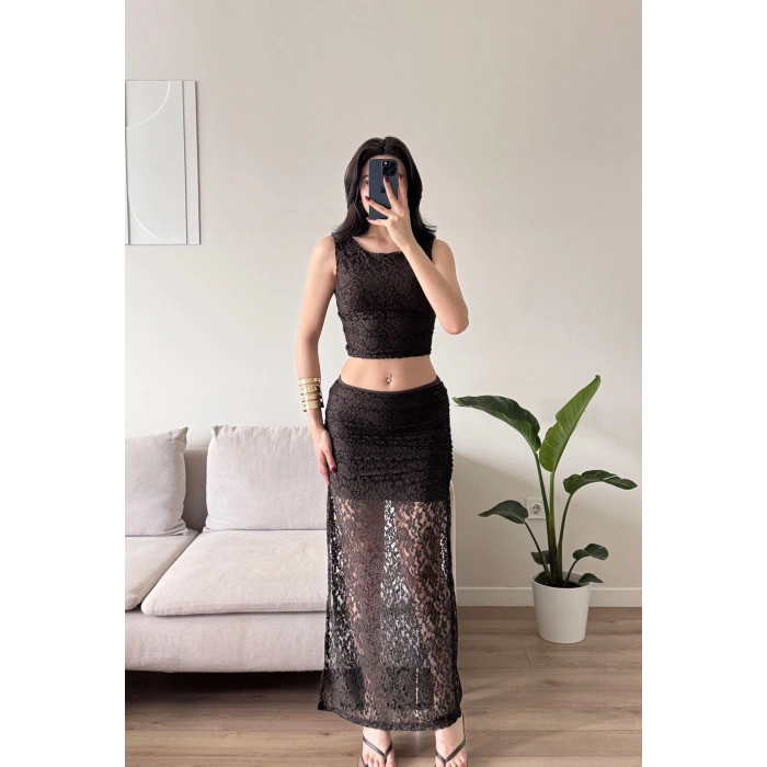 Dantel Crop Üst Transparan Uzun Etek Takım - KAHVE