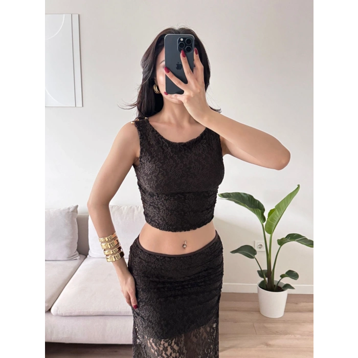 Dantel Crop Üst Transparan Uzun Etek Takım - KAHVE