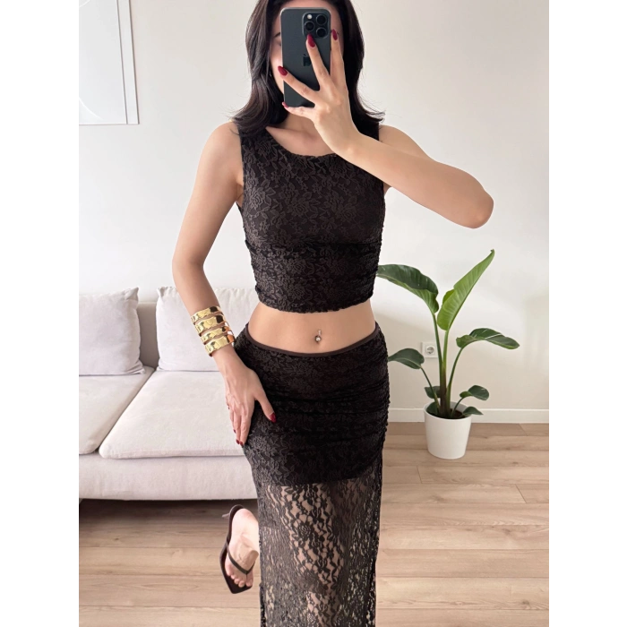 Dantel Crop Üst Transparan Uzun Etek Takım - KAHVE