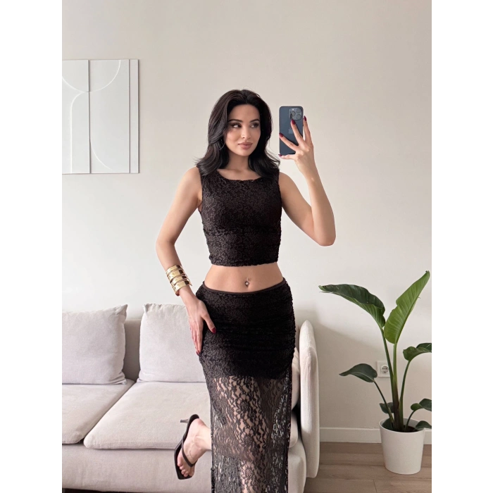 Dantel Crop Üst Transparan Uzun Etek Takım - KAHVE