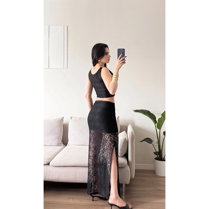 Dantel Crop Üst Transparan Uzun Etek Takım - SİYAH