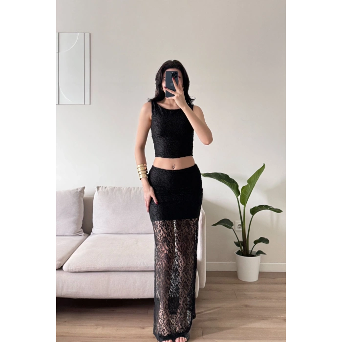 Dantel Crop Üst Transparan Uzun Etek Takım - SİYAH