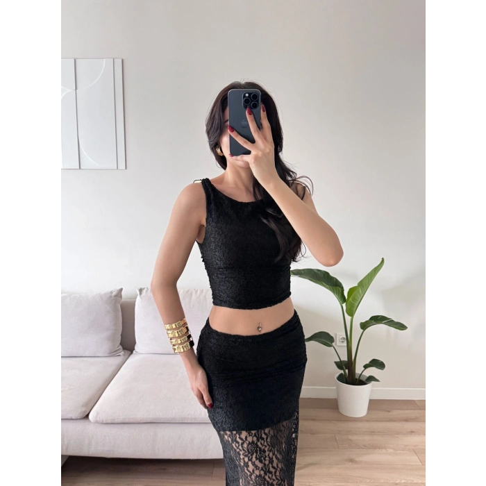 Dantel Crop Üst Transparan Uzun Etek Takım - SİYAH