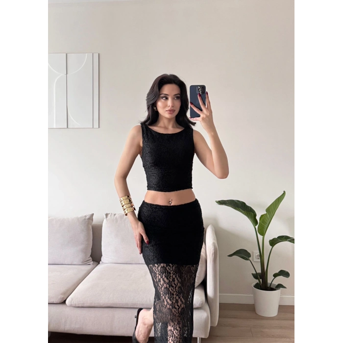 Dantel Crop Üst Transparan Uzun Etek Takım - SİYAH