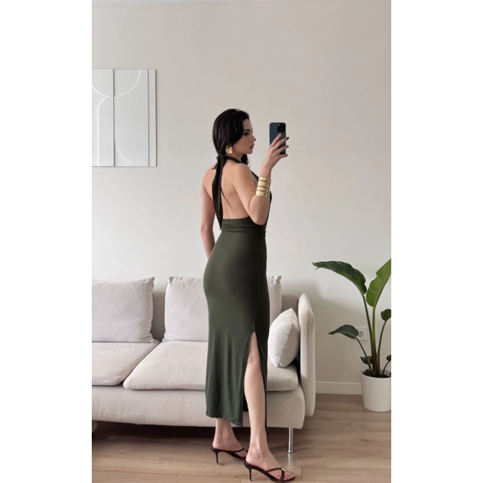 Boyun Bağlamalı Tokalı Uzun Elbise -HAKİ