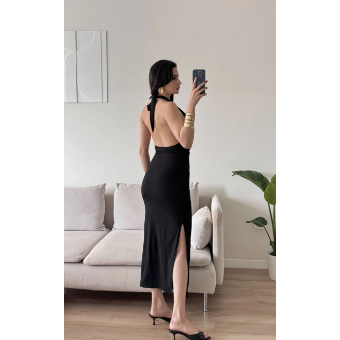 Boyun Bağlamalı Tokalı Uzun Elbise -SİYAH