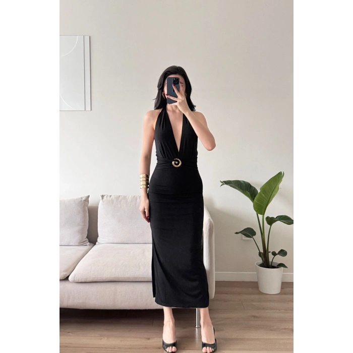 Boyun Bağlamalı Tokalı Uzun Elbise -SİYAH