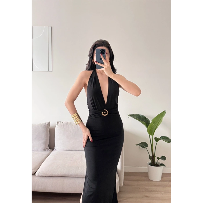 Boyun Bağlamalı Tokalı Uzun Elbise -SİYAH