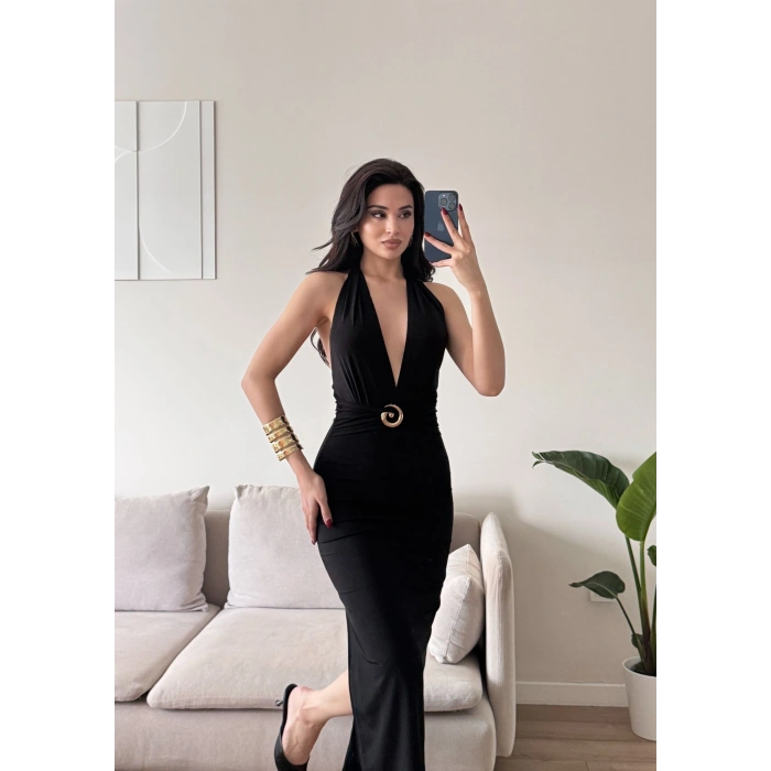 Boyun Bağlamalı Tokalı Uzun Elbise -SİYAH