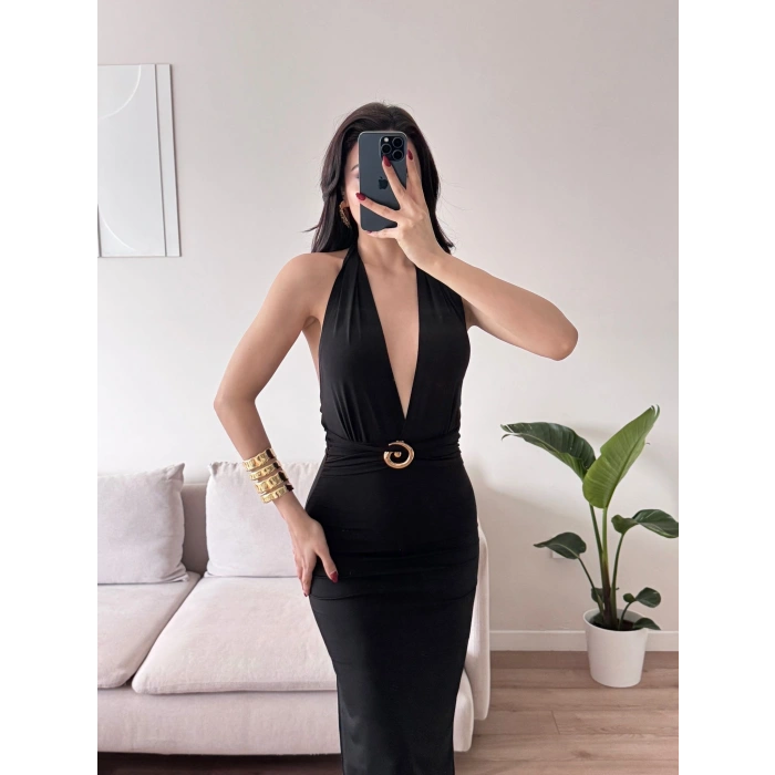 Boyun Bağlamalı Tokalı Uzun Elbise -SİYAH