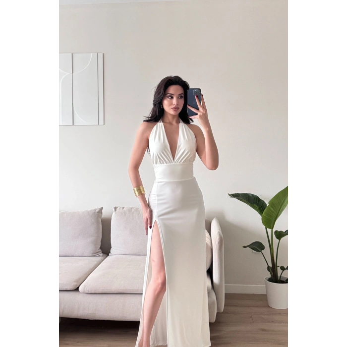 Halter Yaka Sırt Bağlamalı Yırtmaçlı Maxi Elbise - BEYAZ