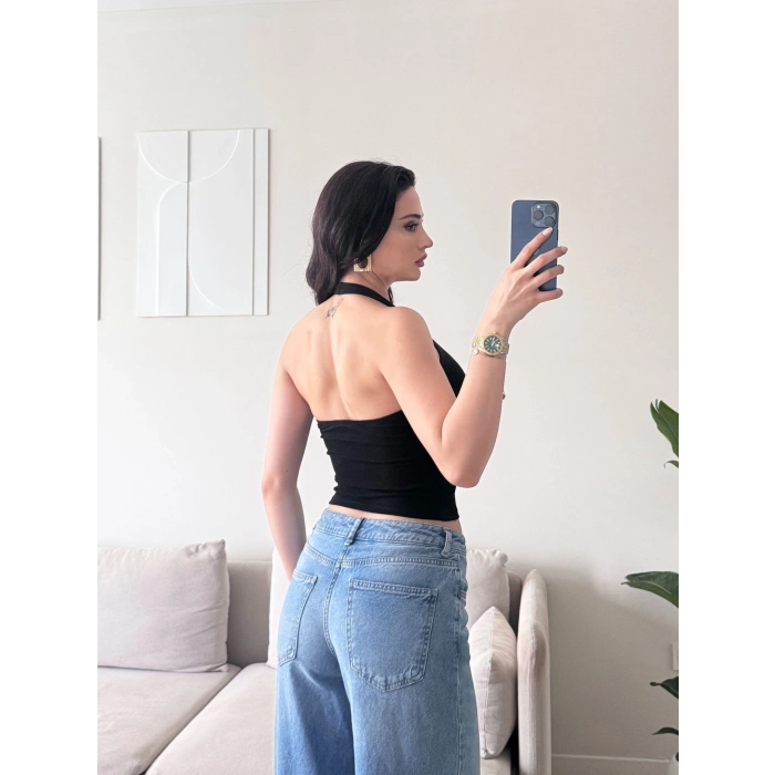 Boyun Geçmeli Crop - SİYAH