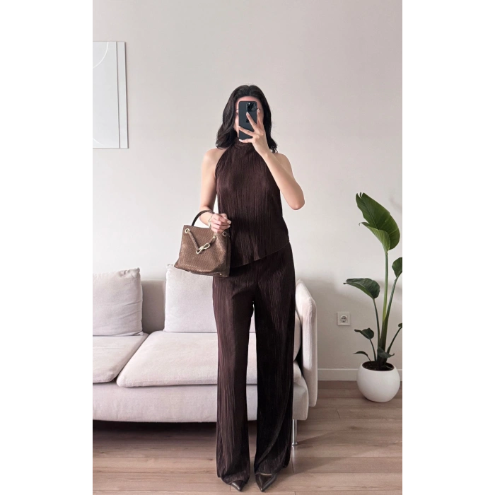 Sırt Dekolte Fitilli Takım - KAHVE