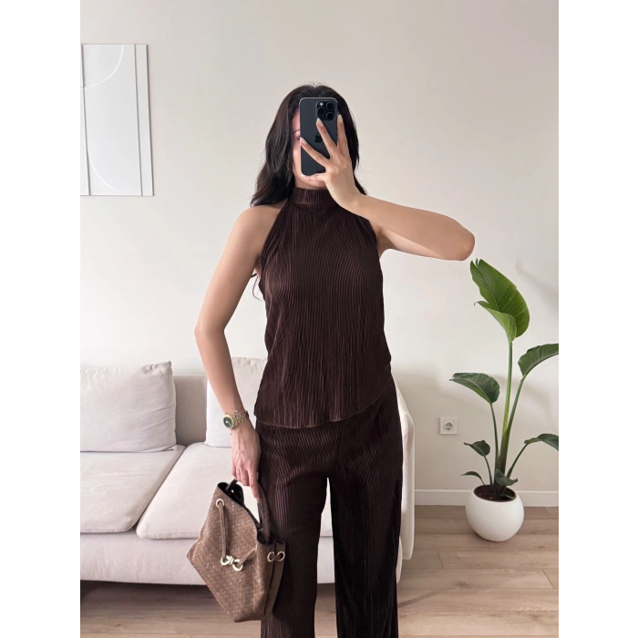 Sırt Dekolte Fitilli Takım - KAHVE