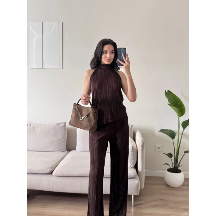 Sırt Dekolte Fitilli Takım - KAHVE