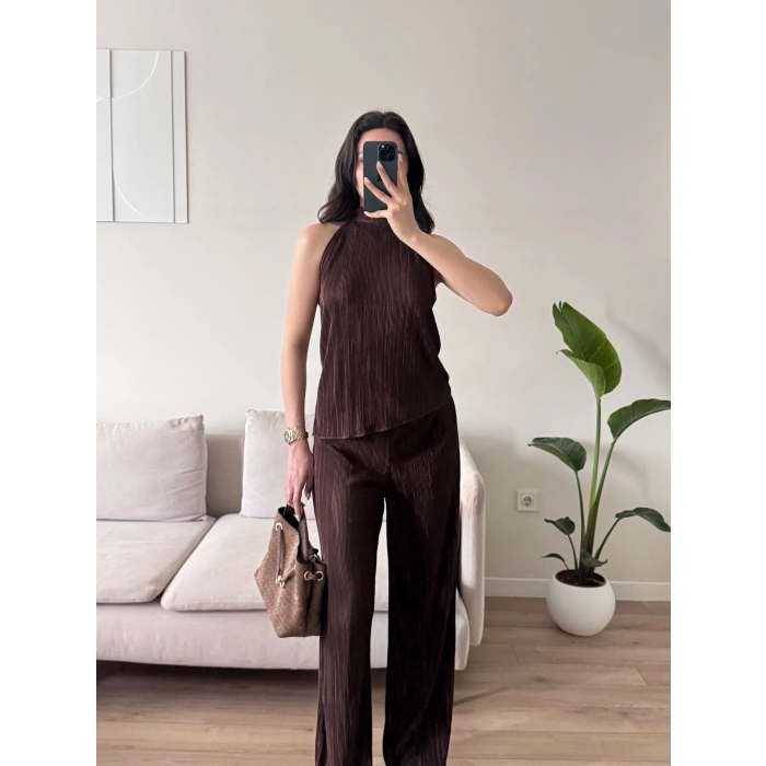 Sırt Dekolte Fitilli Takım - KAHVE