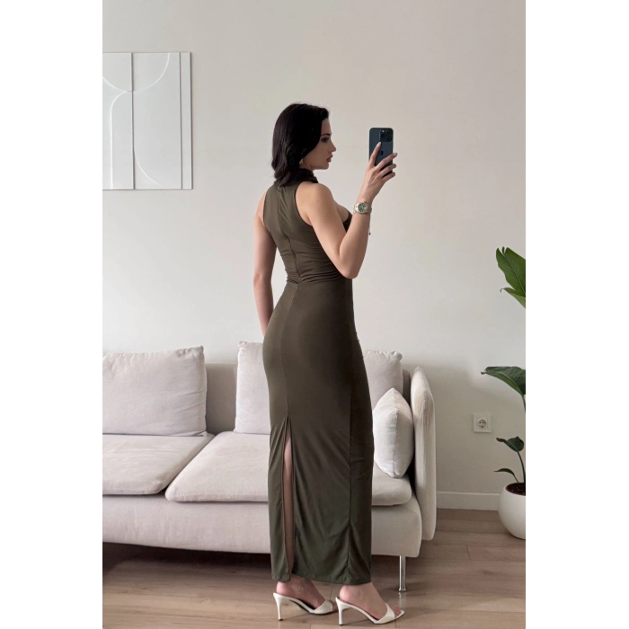 Yırtmaç Detay Aksesuarlı Elbise - HAKİ