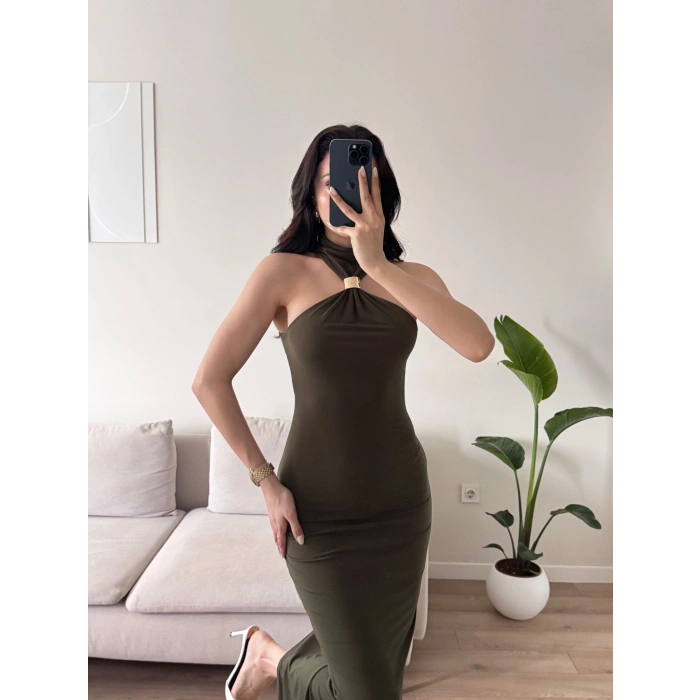 Yırtmaç Detay Aksesuarlı Elbise - HAKİ