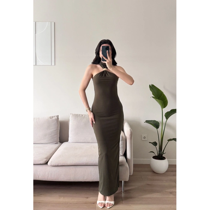 Yırtmaç Detay Aksesuarlı Elbise - HAKİ