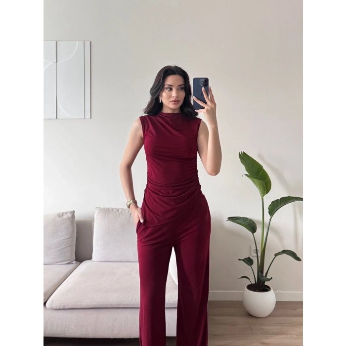 Asimetrik Bluz & Pantolon Takım - BORDO