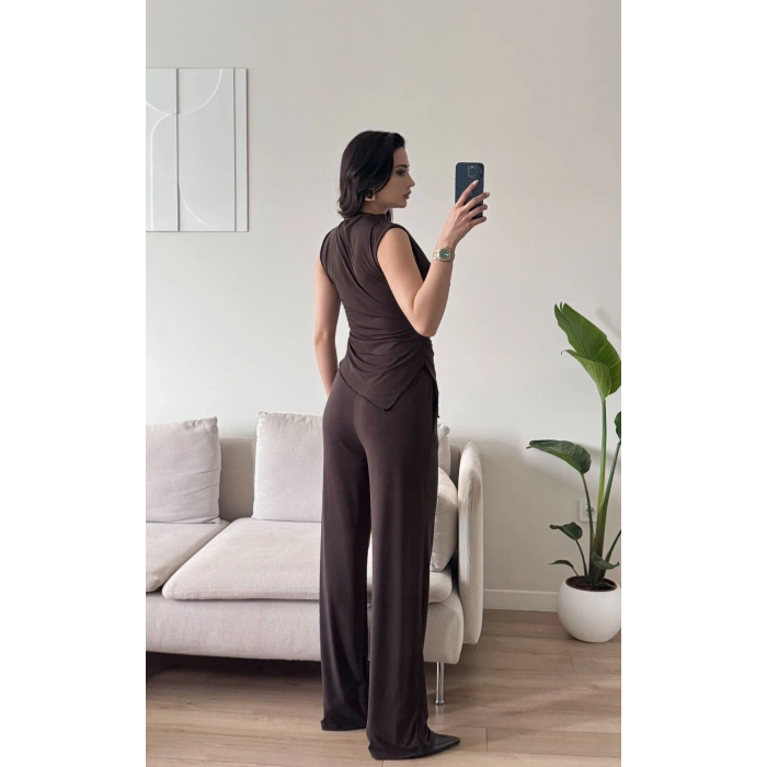 Asimetrik Bluz & Pantolon Takım - KAHVE