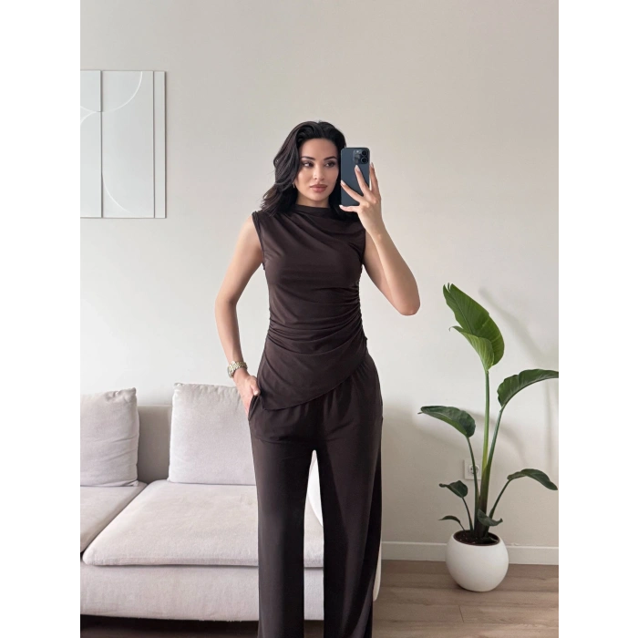 Asimetrik Bluz & Pantolon Takım - KAHVE