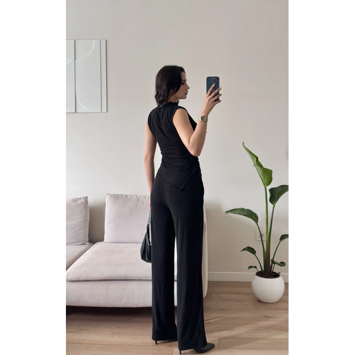 Asimetrik Bluz & Pantolon Takım - SİYAH