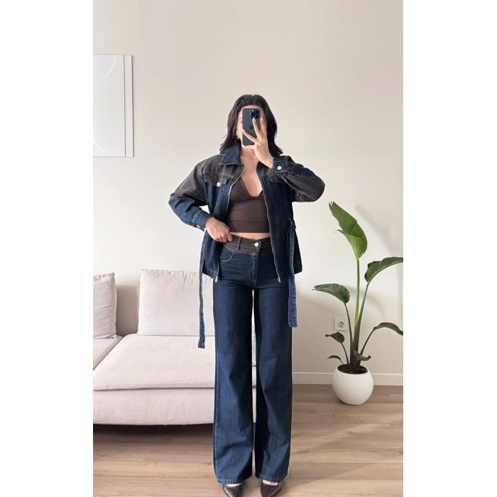 Çift Renk Denim Kuşaklı İkili Takım