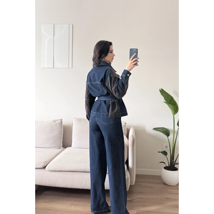 Çift Renk Denim Kuşaklı İkili Takım