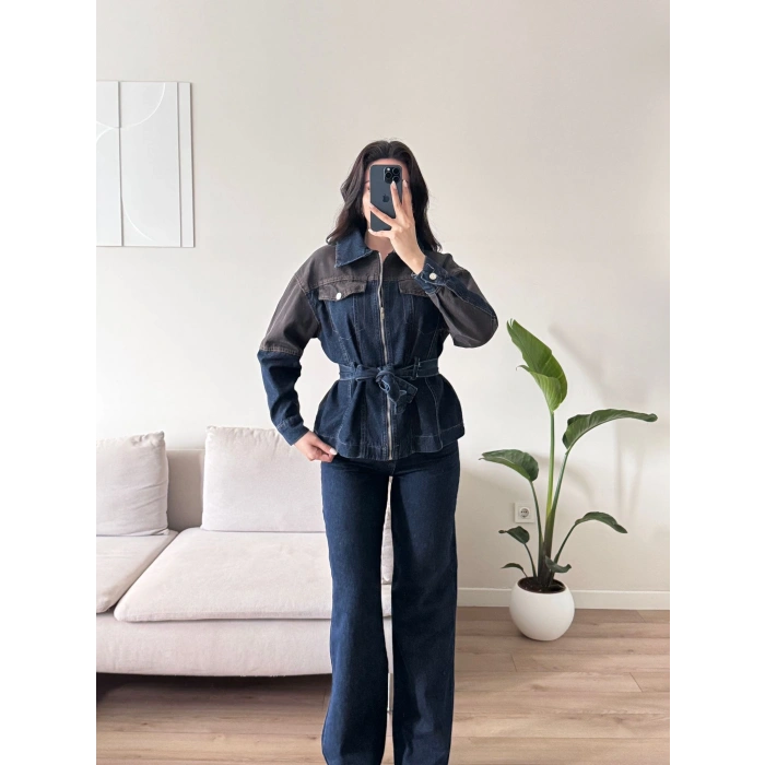 Çift Renk Denim Kuşaklı İkili Takım