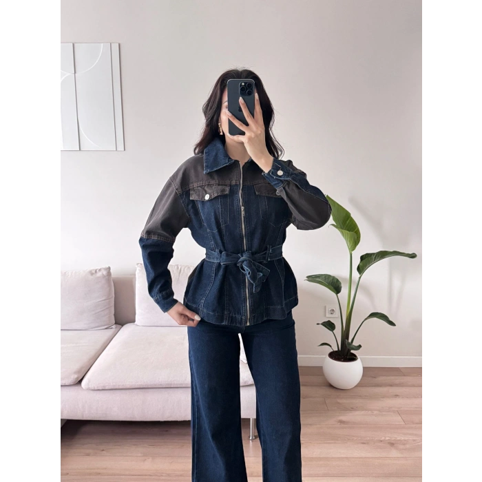 Çift Renk Denim Kuşaklı İkili Takım