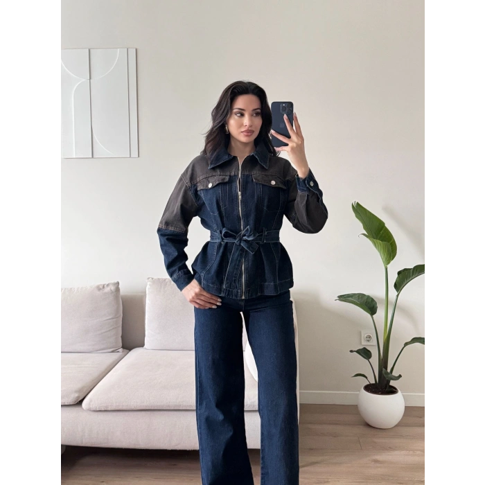 Çift Renk Denim Kuşaklı İkili Takım