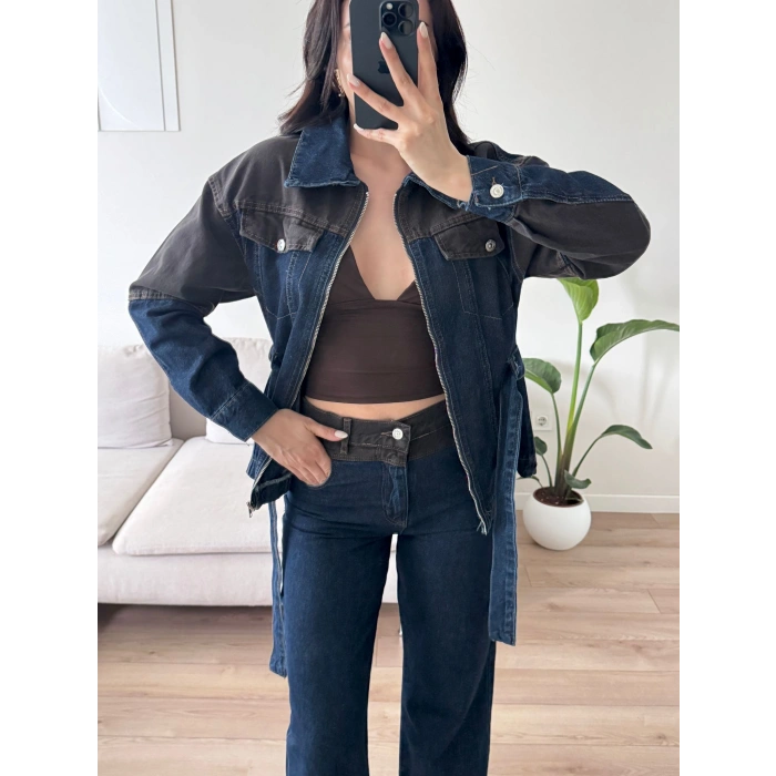 Çift Renk Denim Kuşaklı İkili Takım