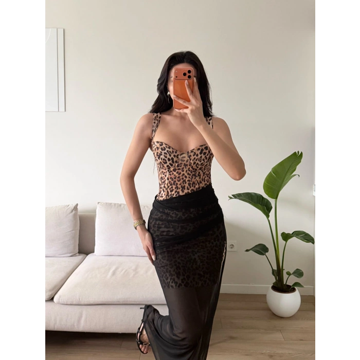 Bel Korse Eteği Tül Elbise - LEOPAR