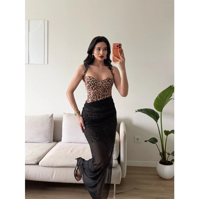 Bel Korse Eteği Tül Elbise - LEOPAR