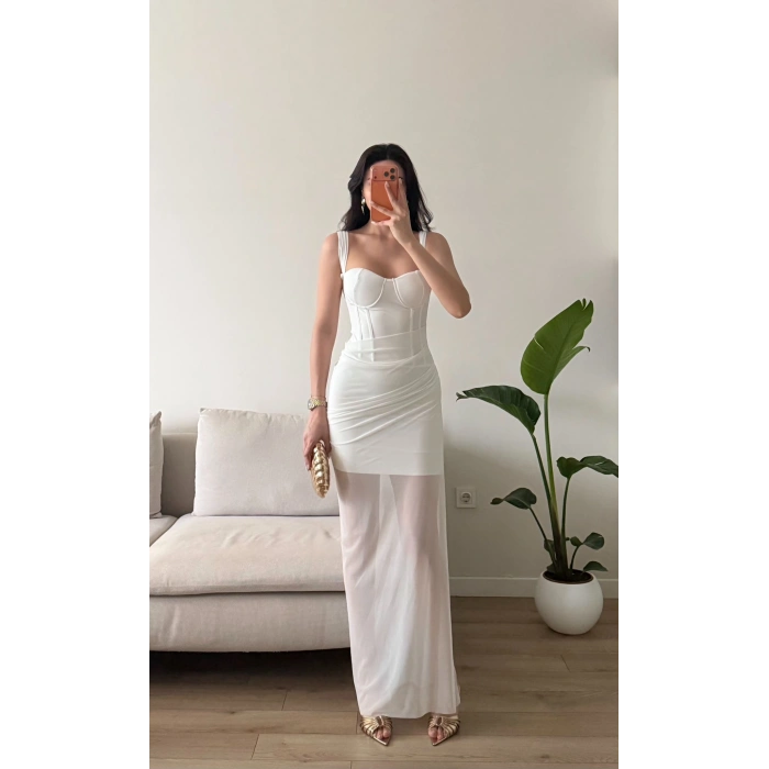 Bel Korse Eteği Tül Elbise - BEYAZ