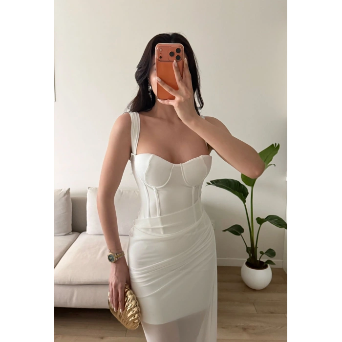 Bel Korse Eteği Tül Elbise - BEYAZ