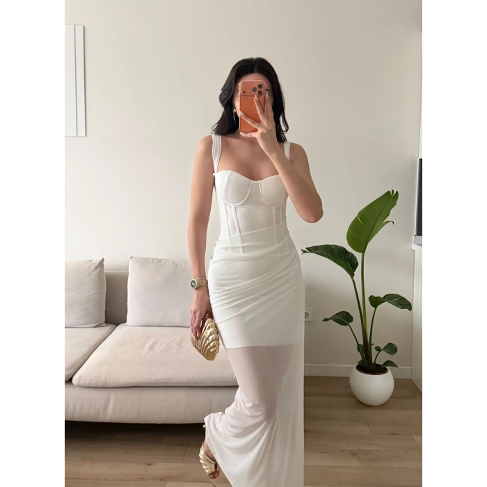 Bel Korse Eteği Tül Elbise - BEYAZ