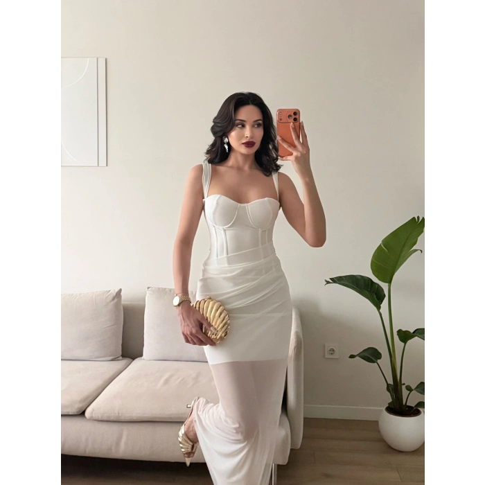 Bel Korse Eteği Tül Elbise - BEYAZ