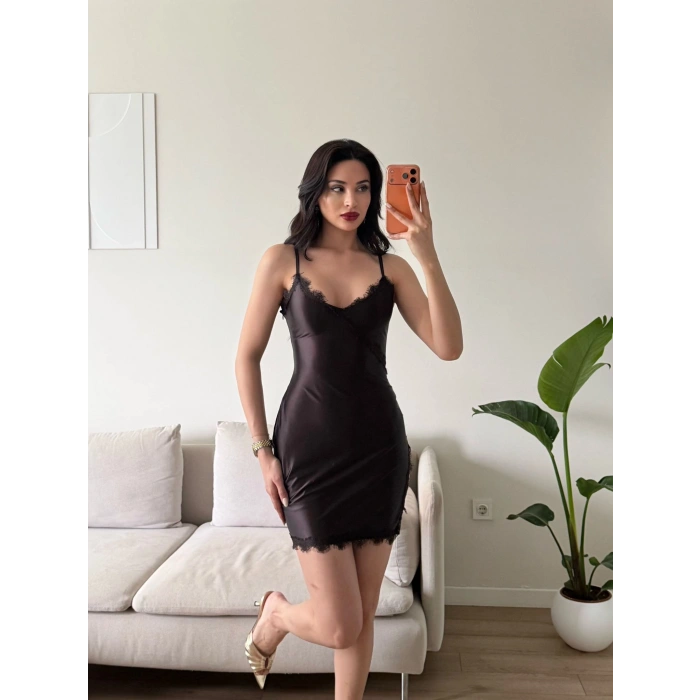 Dantel Detay Askılı Saten Elbise - KAHVE