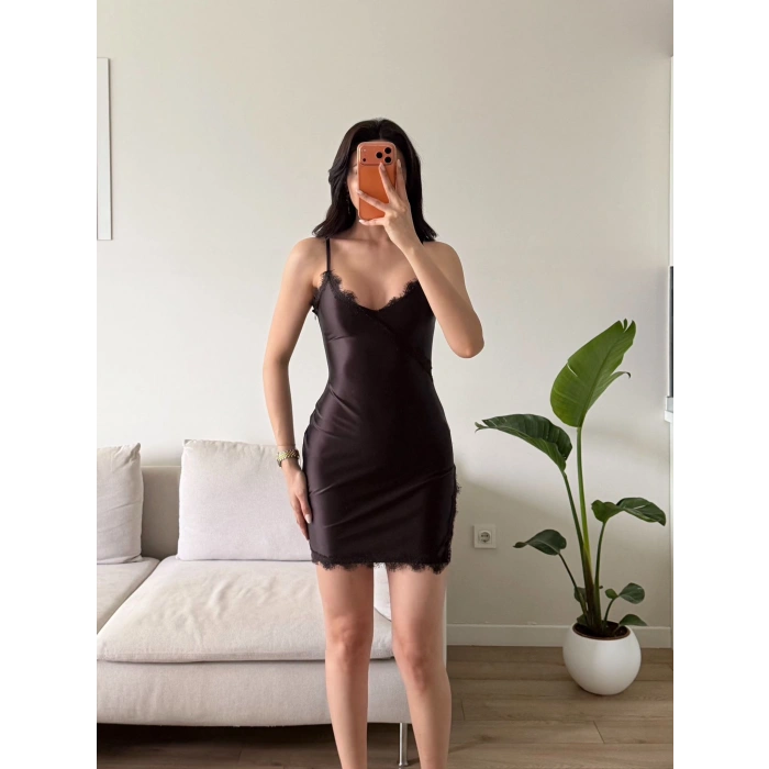 Dantel Detay Askılı Saten Elbise - KAHVE