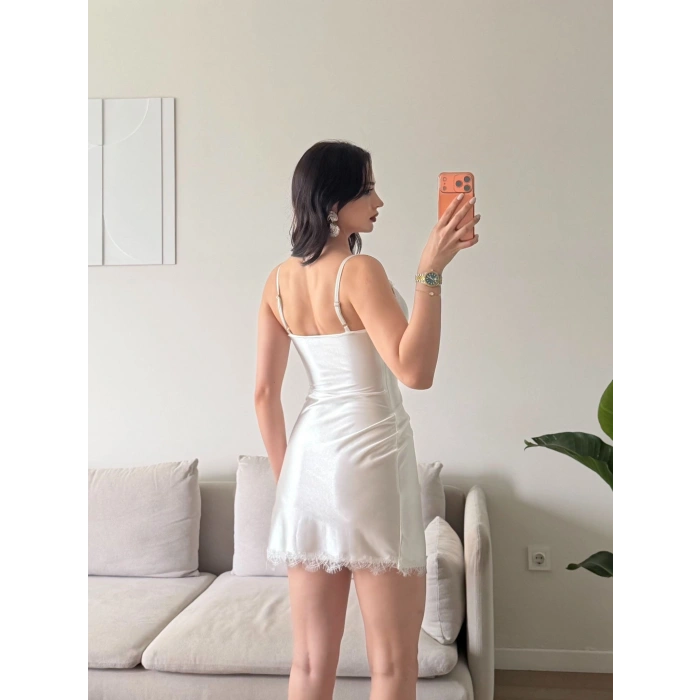 Dantel Detay Askılı Saten Elbise - BEYAZ